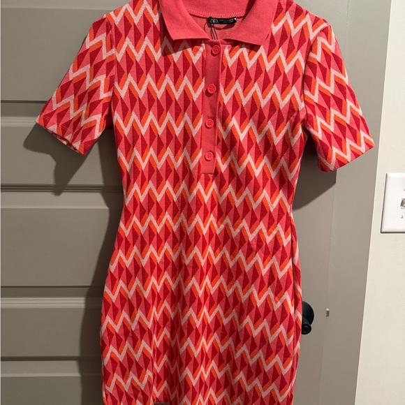 Zara Dresses & Skirts - Women's Short-Sleeve Knit Polo Dress in Coral Zigzag
